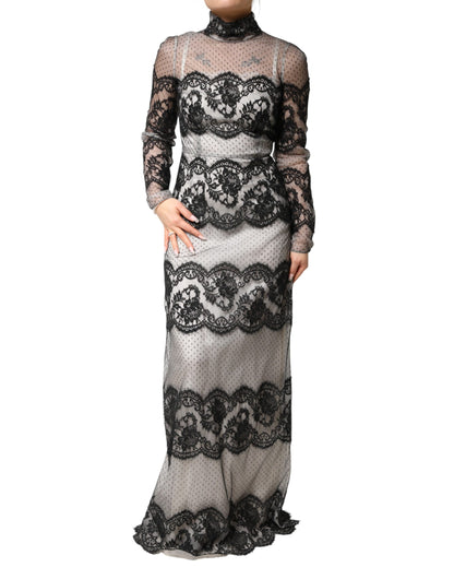 Dolce & Gabbana Black White Lace Silk Blend MaxiSheath Dress