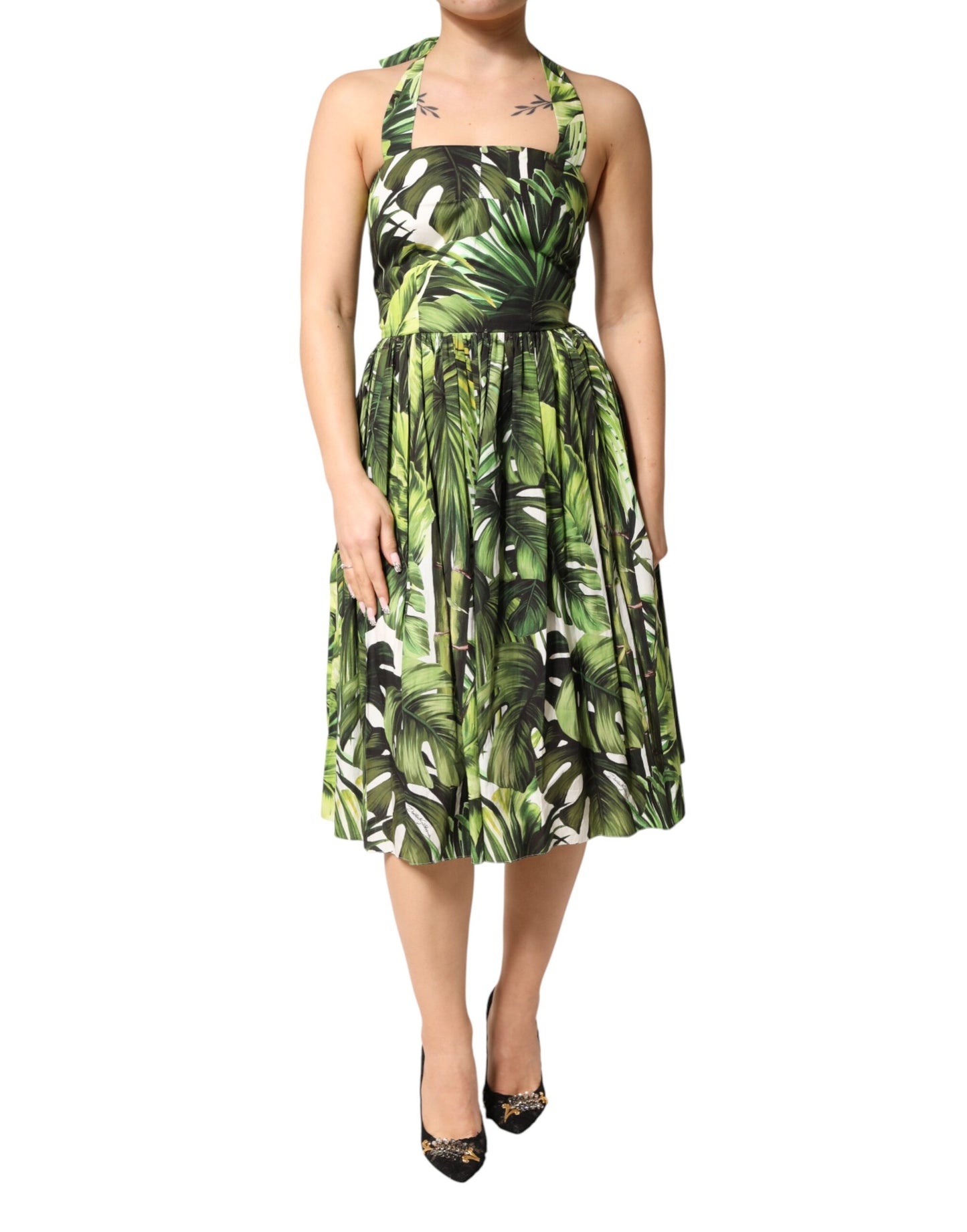Dolce & Gabbana Green Leaves Print Cotton Halter Midi Dress