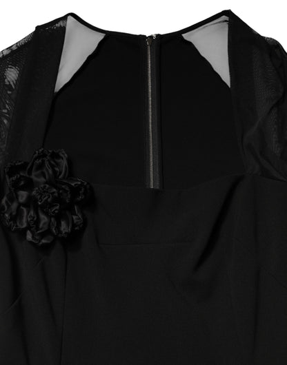 Dolce & Gabbana Black Sheer Yoke Rosette Sheath Midi Dress