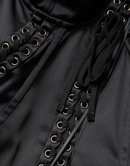 Dolce & Gabbana Black Satin Acetate Lace Eyelets Mini Dress