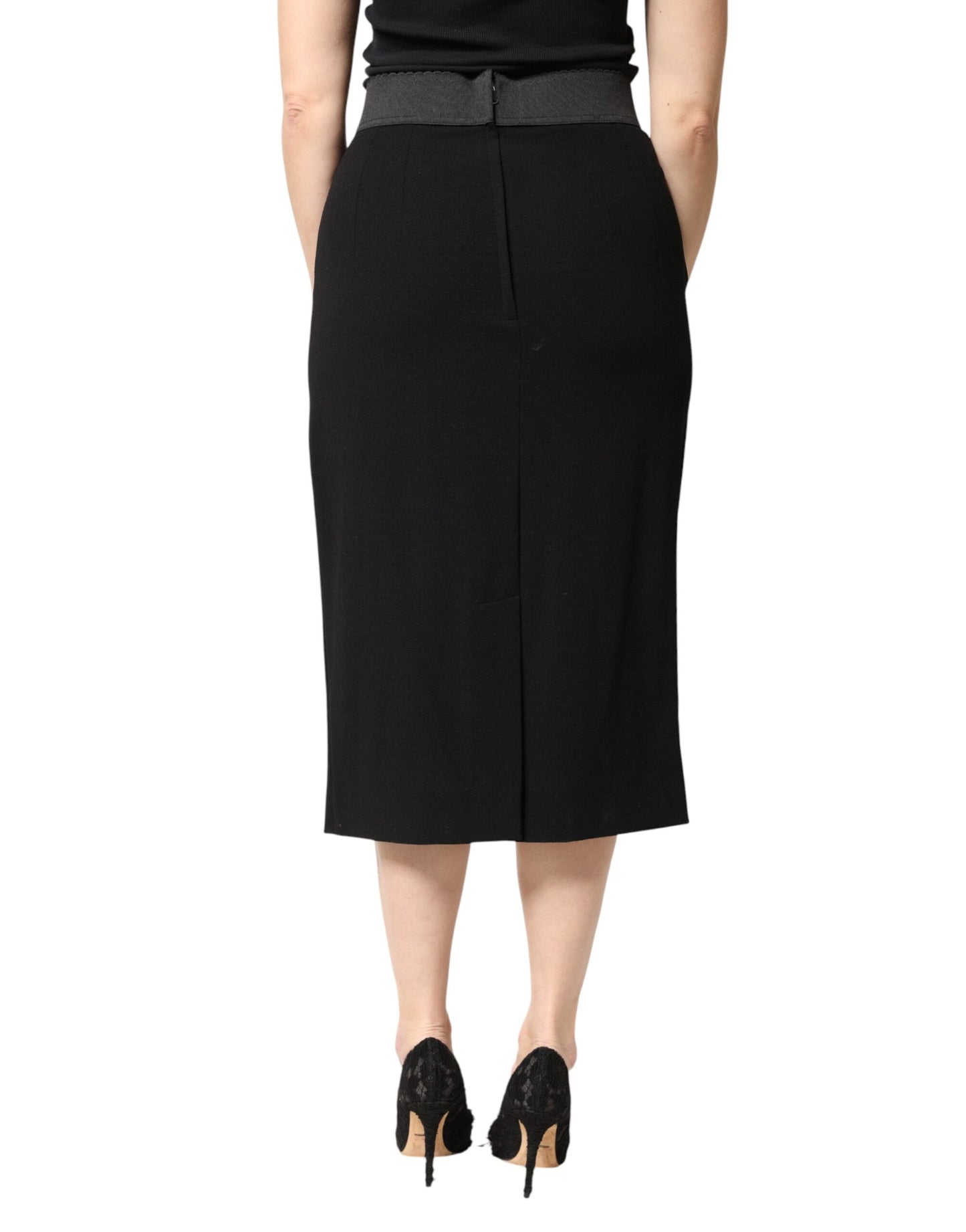 Dolce & Gabbana Black Wool High Waist Pencil Cut Midi Skirt
