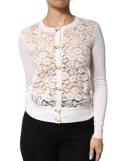 Dolce & Gabbana Cream Lace Knit Rose Button Cardigan Sweater