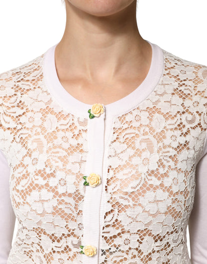 Dolce & Gabbana Cream Lace Knit Rose Button Cardigan Sweater