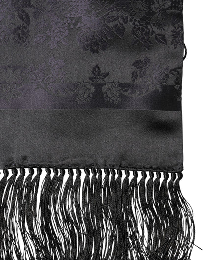 Dolce & Gabbana Black Satin Silk Fringes Neck Foulard Scarf